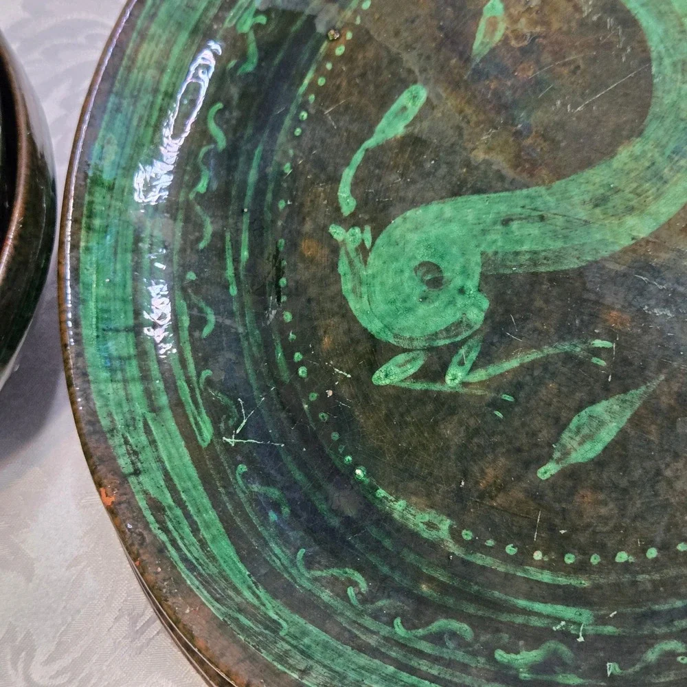 Vintage Tatamban Michoacan Mexico Pottery 8pc Set Green Bird Animal Plates Bowls